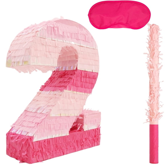Birchio Pinks Number 2 Pinatas Bundle with a Blindfold and Bat(16.1 x 11.15 x 4 Inches), Perfect for Boys and Girls Birthday Party Supplies, Pink Theme Birthday Decoration (Pink Number 2) Y201