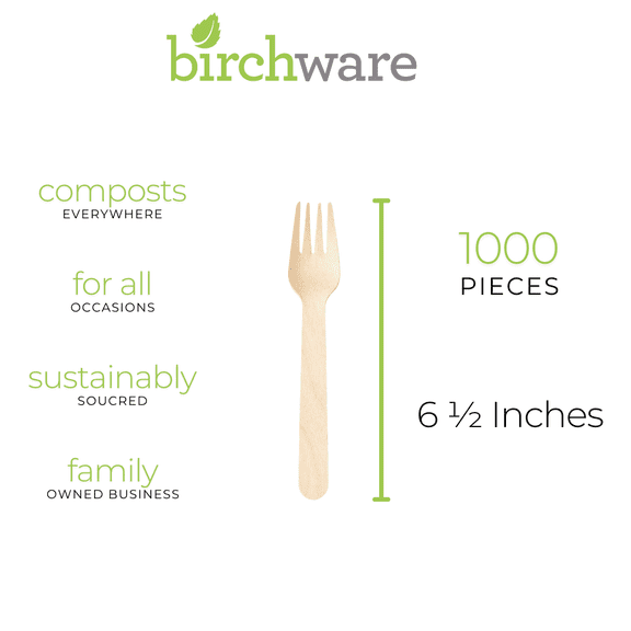 Birchware Compostable Wooden Disposable Forks, 1000 Count