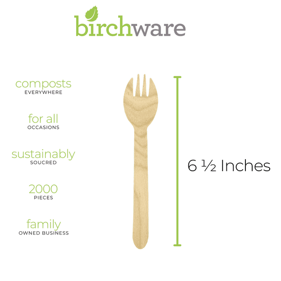 Birchware Compostable Wooden Disposable Sporks, 2000 Count