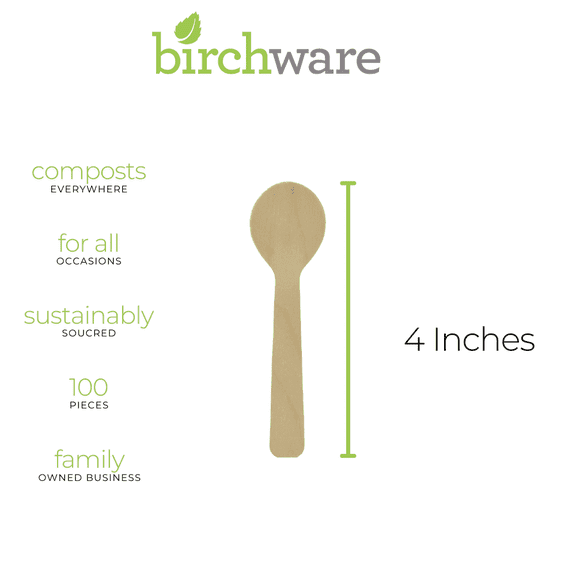 Birchware Compostable Wooden Disposable Mini Spoons, 100 Count