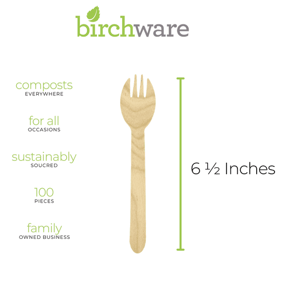 Birchware Compostable Wooden Disposable Sporks, 100 Count