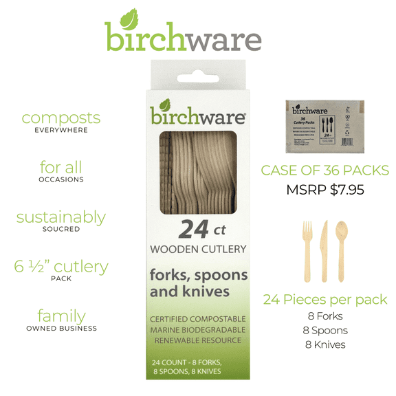 Birchware Compostable Wooden Disposable Utensil Cutlery 24 Piece Packs (Case of 36 cutlery Packs)