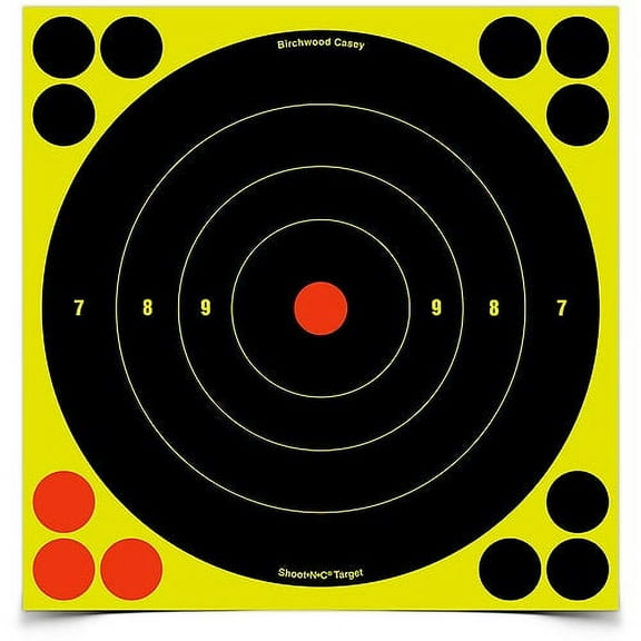 BIRCHWOOD CASEY Shoot-N-C 8" Bull's-Eye Reactive Targets - Highly Visible Instant Feedback Self-Adhesive Shooting Targets with Repair Pasters - 6 Targets, 72 Pasters