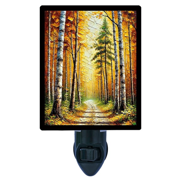 Birchwood Trail Night Light  Golden Autumn Forest Path with Sunlit Birch Trees  Includes Free Switchable Insert