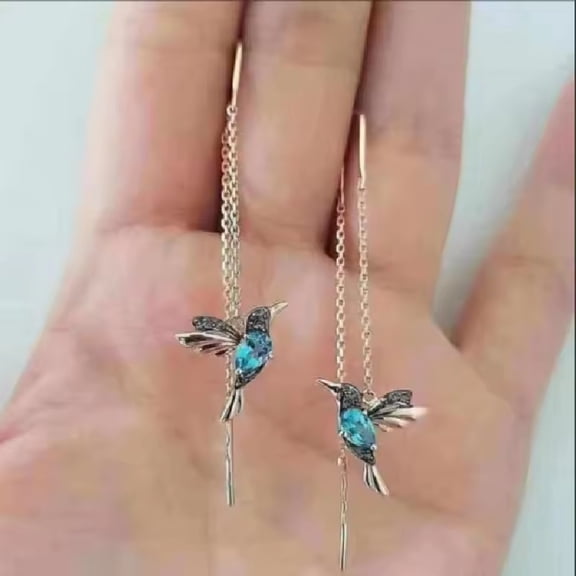 Bird Alloy Rhinestone Ear Thread Golden Dark Turquoise 125x16mm