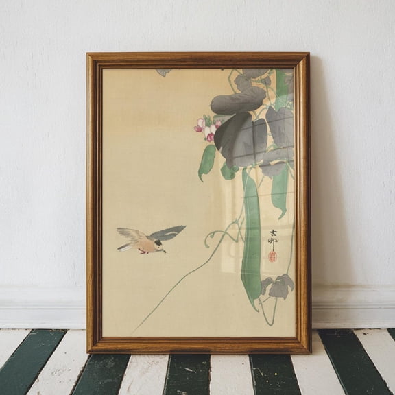 Bird At Flowering Bean Plant By Ohara Koson, Vintage Japanese Wall Art Poster, Unframed Canvas Size 12x18