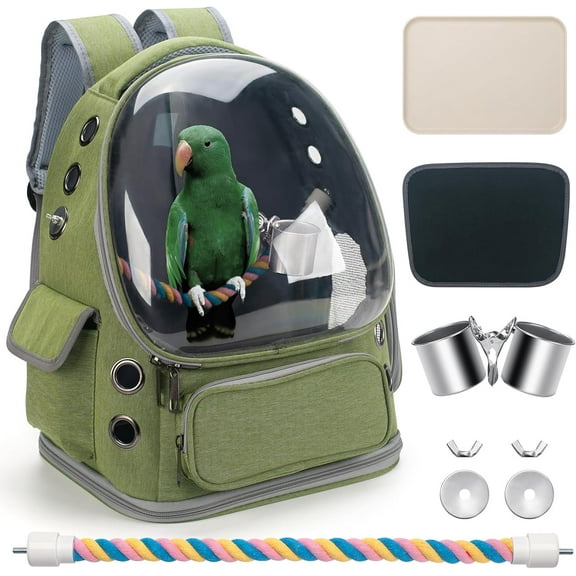 Bird Backpack Travel Cage with Perch, Tray and Breathable Window, Green