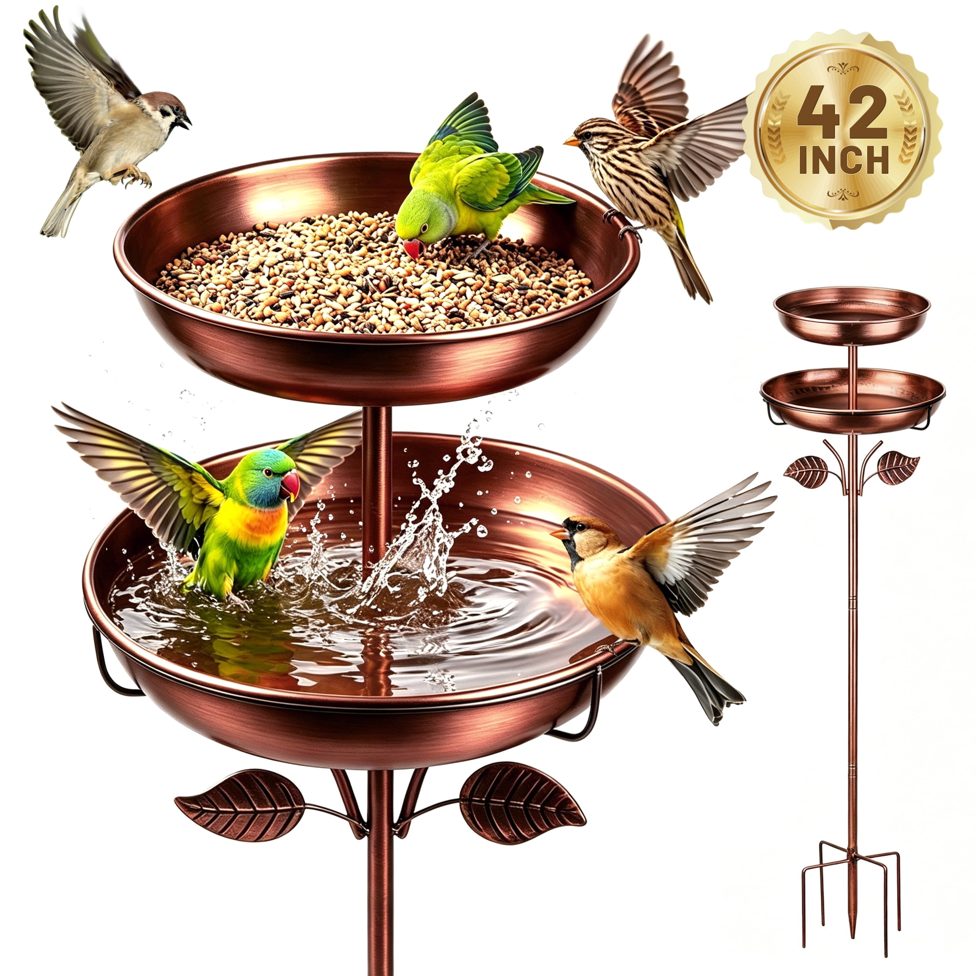 Bird Bath, 42In 4-Pronged Base Birdbaths for Outside, Double Metal Bird Bath & Feeder Bowls for Garden, Window, Patio, Yard & Lawn Decor, Ideal Gift for Bird Lovers