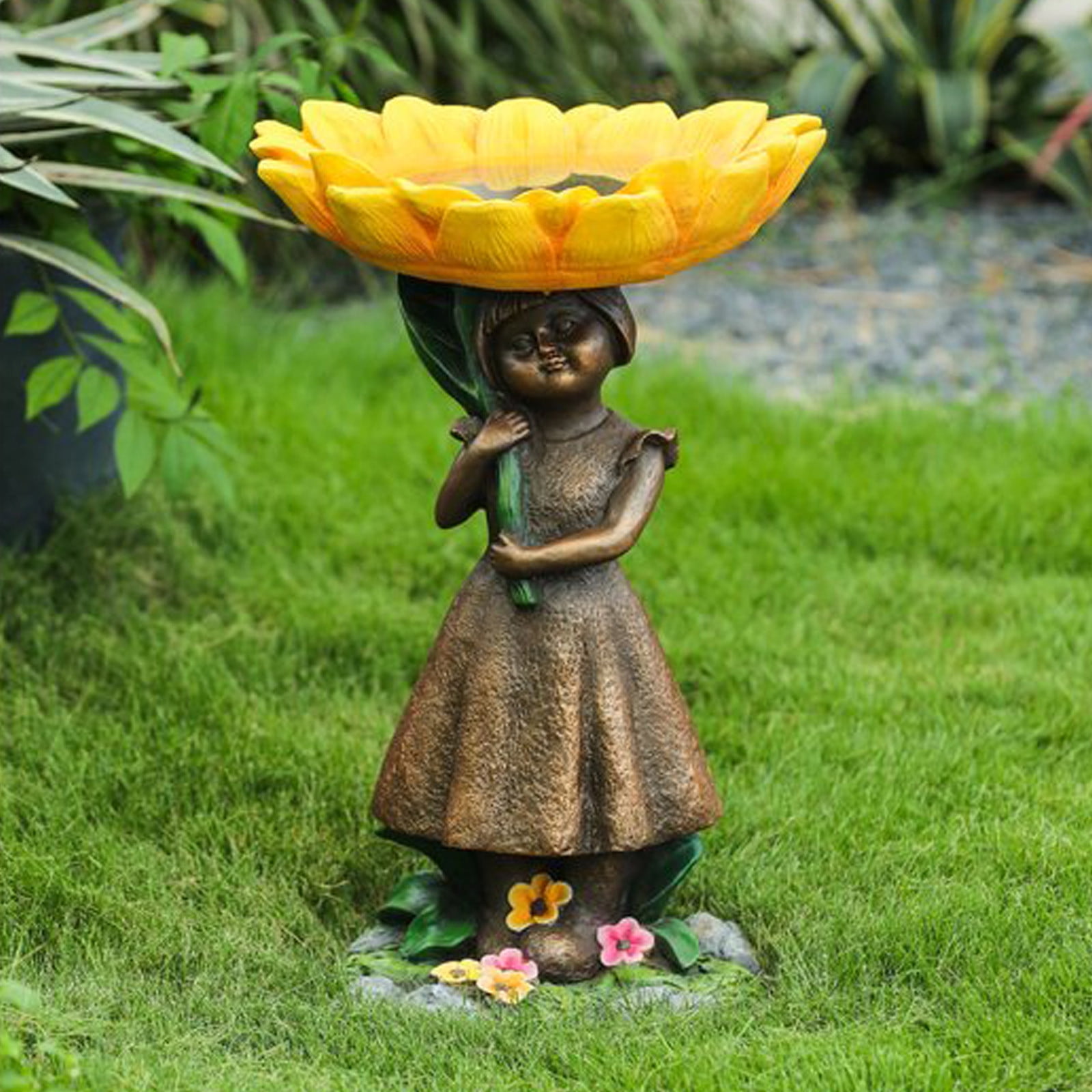 Bird Bath Bowl for Garden, Sunflower Frog Handmade Decoration, Polyresin Big Tree Shape Bird Bath Brown Pedestal Handmade Gifts for Outdoor Home Garden, Yard Lawn Decorations