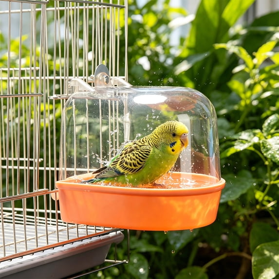 Bird Bath Box Cage Hanging Bathroom Tub • Plastic Parrot Cockatiel Budgie Non-Slip Bathing Pool • Spatter Guard Splash-Proof Indoor Bird Bath