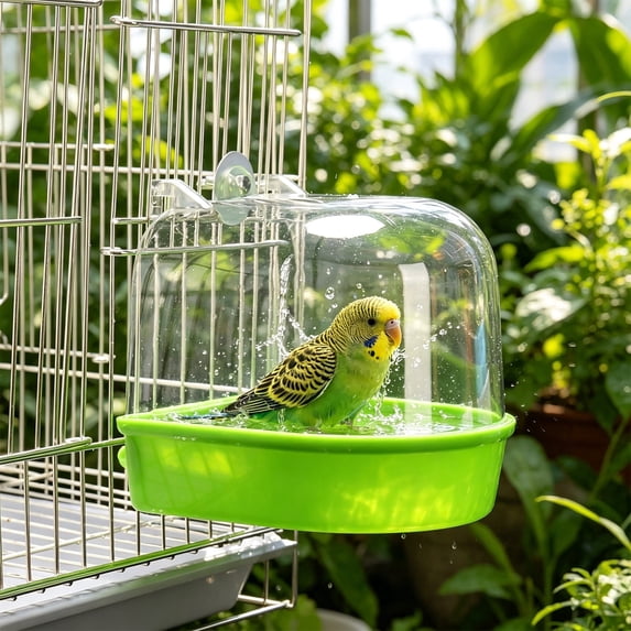 Bird Bath, Cage Hanging Bird Bathtub with Non Slide Bathing Pool, Spatter Guard Lid, Transparent Observation Window, Easy Clean Plastic Tub