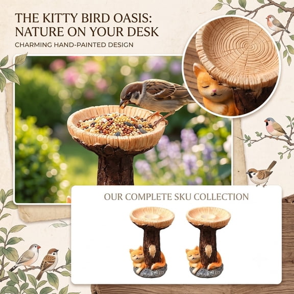 Bird Bath and Feeder for Outside, Cute Mushroom Top Design Paired with Cat Garden Decor, Outdoor Decorations for Yard to Spruce Up Front Areas, Cat Statues for Garden for Nature