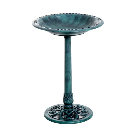 Bird Bath Outdoor 28 Inch Resin, Fleur De Lis Design, Verdigris Finish