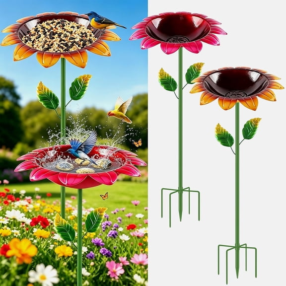Bird Bath for Outside, 2 Pack 31.5 Inch Metal Bird Baths with Stake and Upgraded 5-Prong Base, Freestanding Sunflower Birdbath Birdfeeder Deep Water Bowl Feeder for Lawn Yard Garden Decor