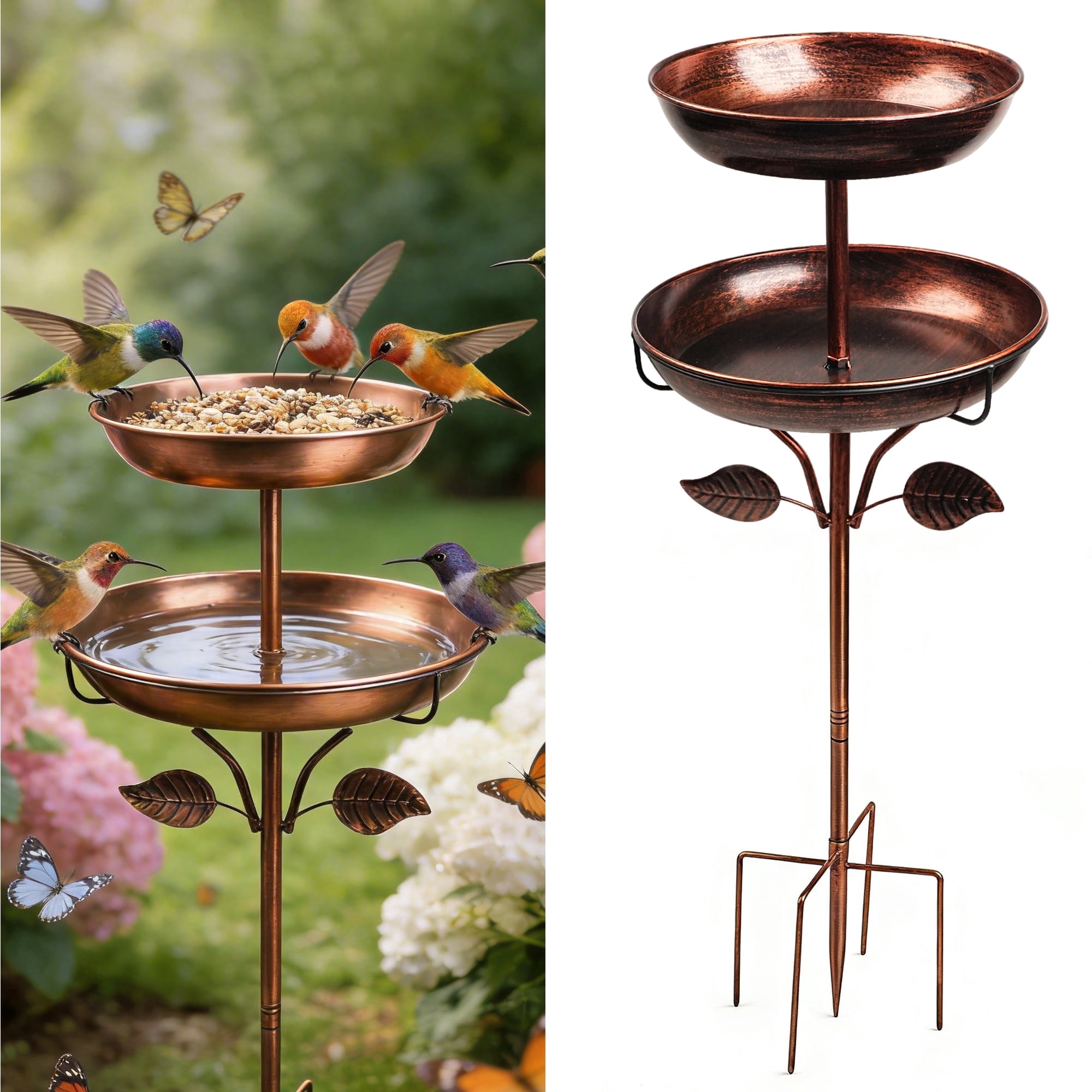 Bird Bath for Outside, 45In Vintage Freestanding Birdbath for Outdoors, Double Metal Bird Bath Feeder Bowls for Garden Patio Yard Lawn Decor, Upgraded 5-Pronged Base