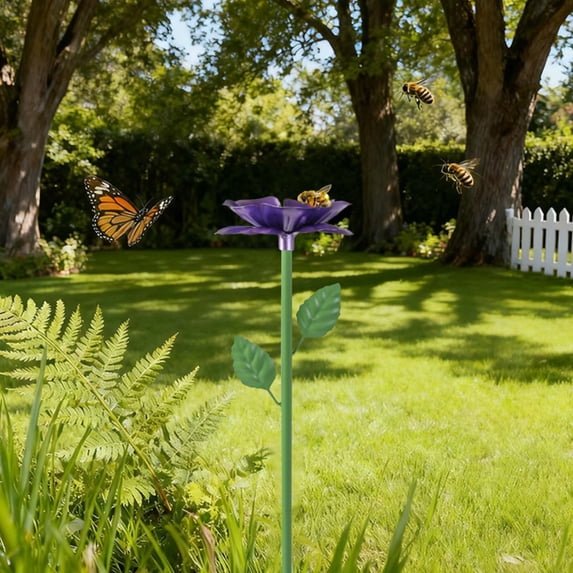 Bird Bath for Outside,Bee Watering Station, Bee Bath for Garden Metal Bee Water Feeder with Flower Design, Colorful Butterfly Bee Bath Bowl for Outdoor Garden Yard Decor,25Inch Purple