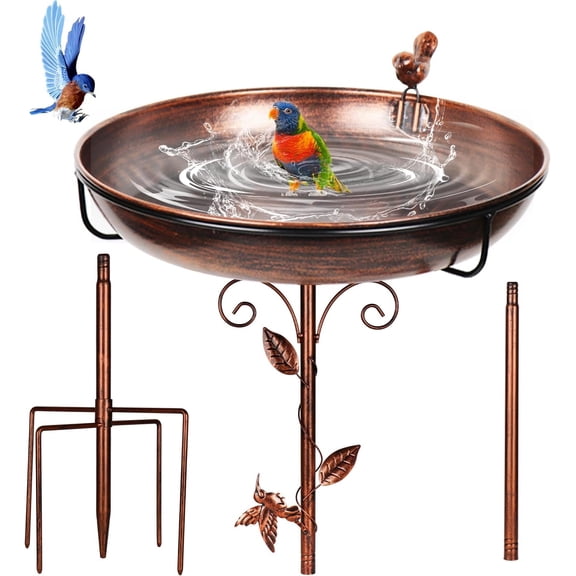 Bird Bath for Outside, Bronze, 12 Inch Freestanding Garden Birdbath | Metal bird bath with floral scroll 5-Pronged Base Deep large bowl for birds drinking & bathing Yard patio landscape decor