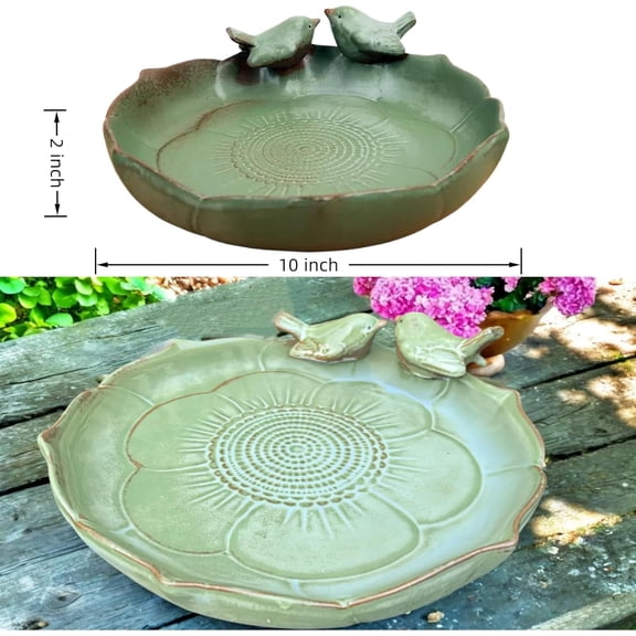 Bird Bath for Outside on Ground, 10 in Ceramic Birds Bath Bowl, Handmade Ground Bird Feeders and birdbath for Outdoors for Outdoors, Garden, Tabletop, Balcony and Lawn (Big - shallow)$$Garden & Patio