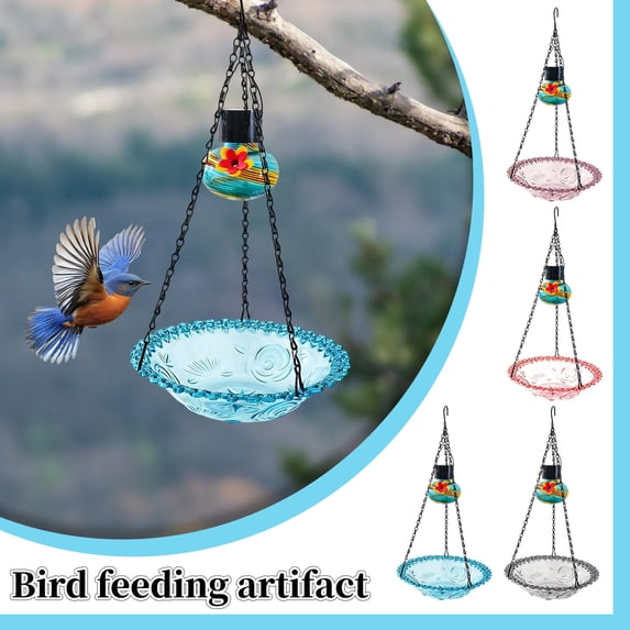 Bird Bath for Outside Hummingbird Feeders for Outdoors Hanging 2 in 1 Solar Hanging Birds Feeder and Bird Bath Blow Glass Wild Birds Feeder Bath Bowl for Backyard Garden Patio (Gray)
