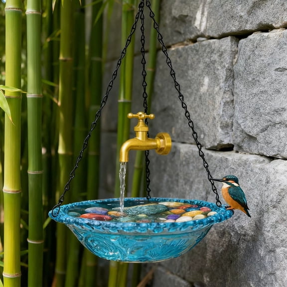 Bird Bath Shower Feeder, Water Pipe Hanging Mount, Decorative Outdoor Garden Accessory for Birds, 1-set (bird Bath, Chain, Usb Pump, Faucet Decoration, 30cm Tube), by Ihhxbs