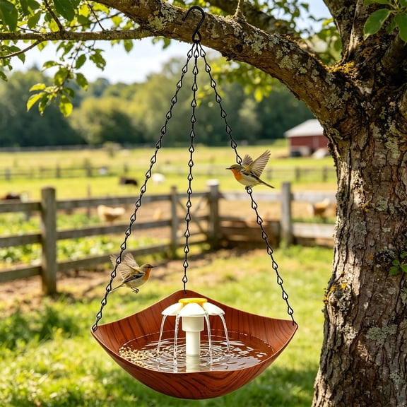 Bird Bath, Solar Outdoor Hanging Garden Water Feeder With Circulating Pump And Floating Fountain, Textured Wood-Look Basin, Metal Chains, 1 pc