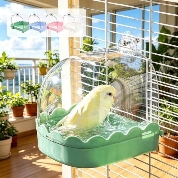 Bird Bath Tub, Hanging Parrot Bathing Pool, Cage Mounted Bird Bath for Cockatiels Budgies, Plastic Splash Guard Design with Transparent Window, Non-Slip, Easy Clean Indoor Bird Accessory