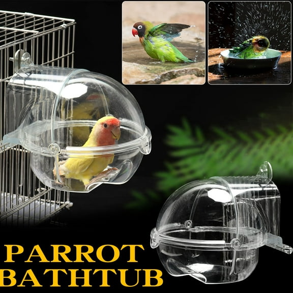 Bird Bath Tub with Plug-in Shower Device | Transparent Plastic Bathing Box for Small Birds Starling Parakeet Canary | Detachable Easy Clean | 16x14cm Large Stable Design