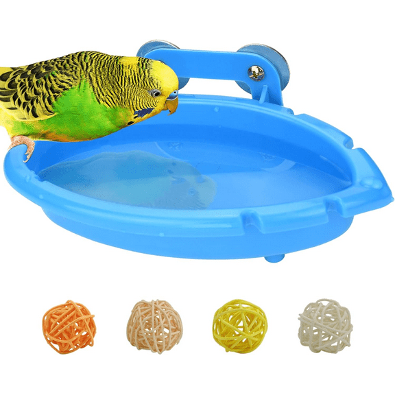 Bird Bath for Cage Hang Blue Inside Cage Birdbath with 4 balls for Parrot/Parakeets/Cockatiels