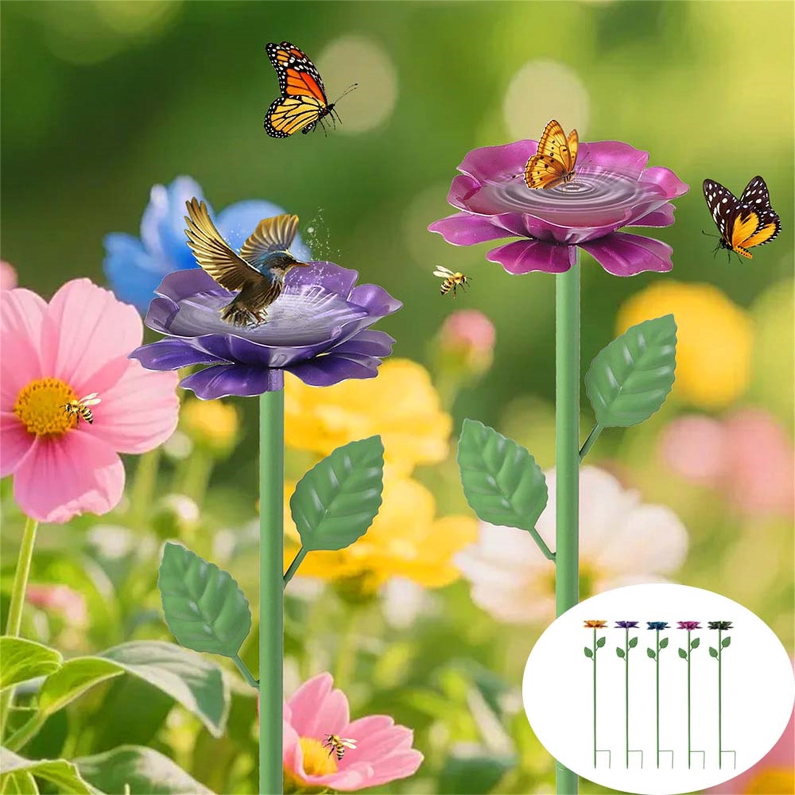 Bird Bath for Outside, 5 Pack Metal Flowers Garden Stake Bird Feeder & Bee Bath, Outdoor Flower Bird Bath Bee Watering Station for Garden