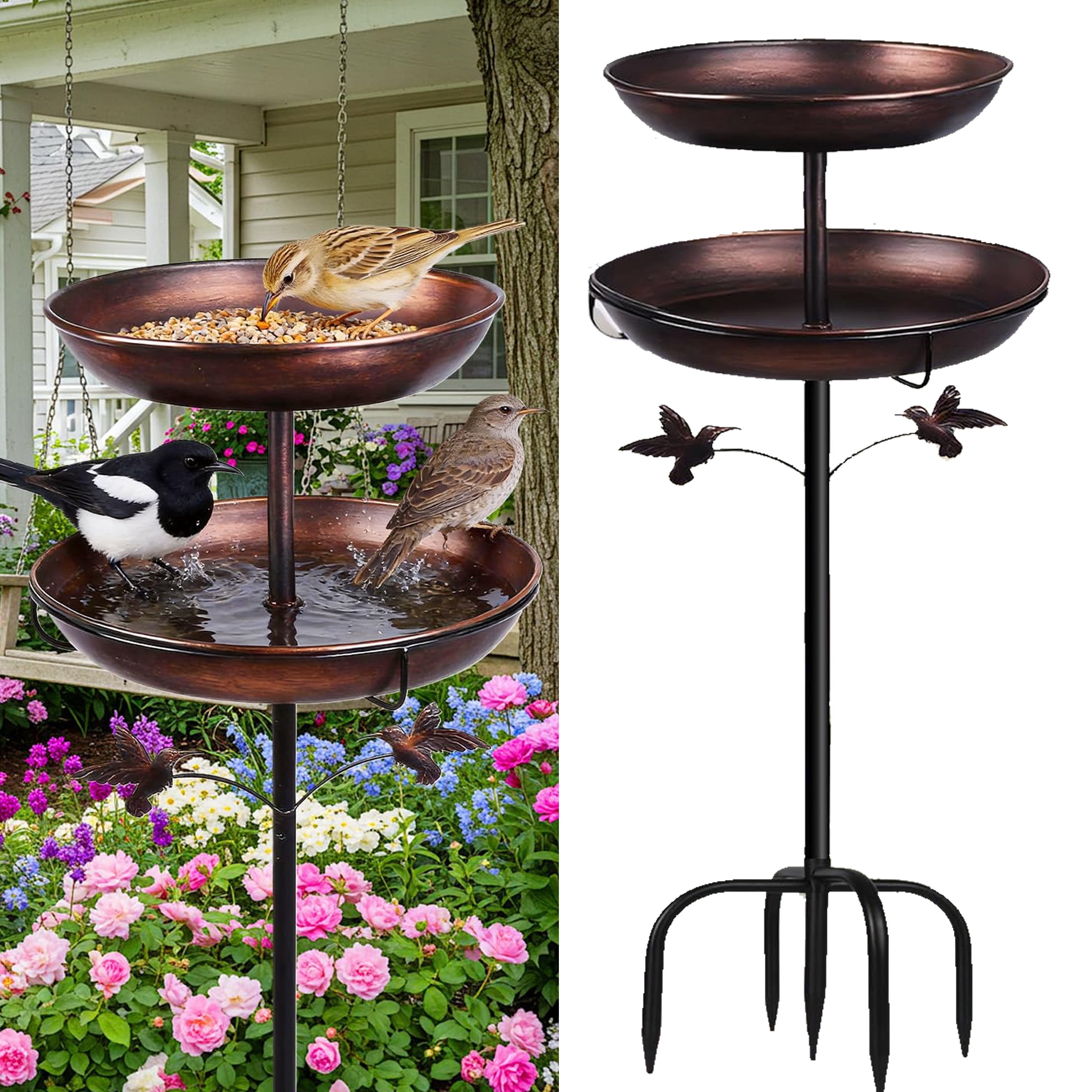 SLUMLOVE Metal Bird Bath for Outside, Rustproof Outdoor Bird Feeder, 45" Vintage Metal Birdbath with Reinforced 5-Prong Base for Garden and Patio Decor, Double Bowl Design