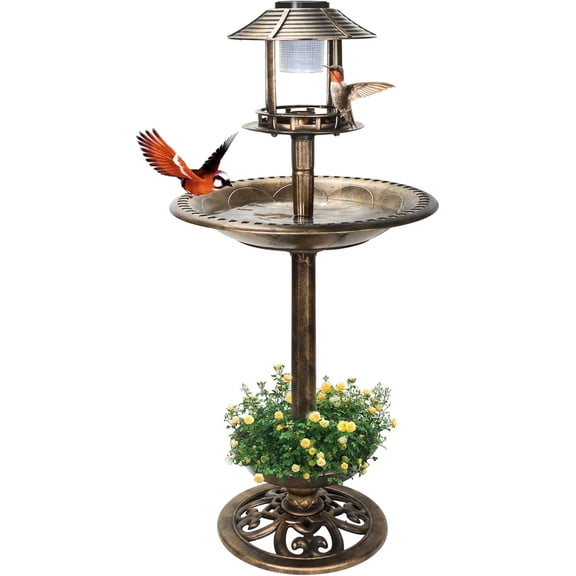 Bird Bath with Solar Light&Feeder& Planter Pedestal,Copper Bird Baths for Outdoors Garden,Yard,Patio,Lawn(41in High)