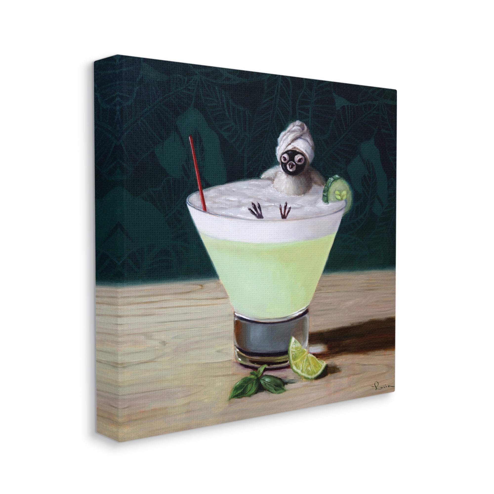 Bird Bathing in Cucumber Martini Funny Animal Animals & Insects Gallery-Wrapped Canvas Print Wall Art, 17x17
