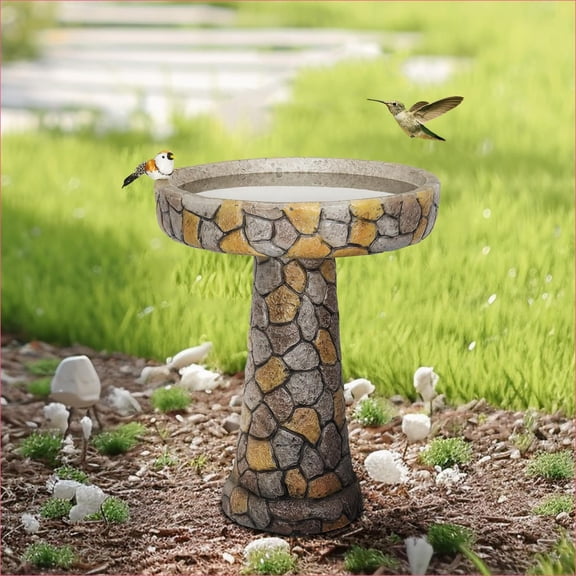 Bird Baths | 24" Tall Traditional Outdoor Garden Pedestal Bird Bath, Antique Stone Finish | Mosaic Stone | Concrete Cement