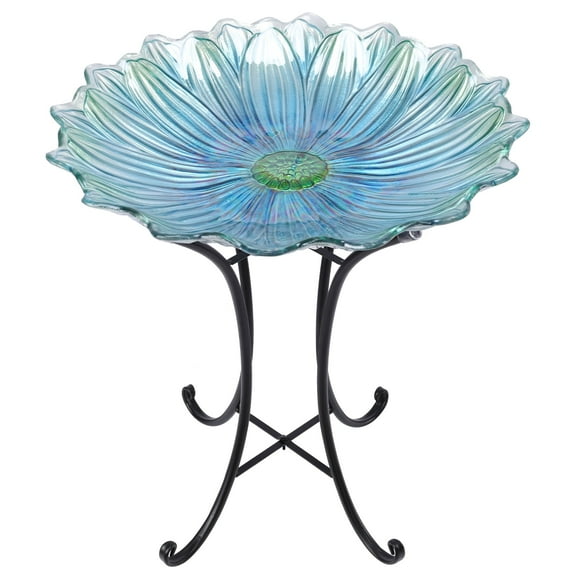 Bird Baths,Glass Birdbath with Metal Stand Blue Flowery Birdbath Suit for Garden Lawn Yard Decor