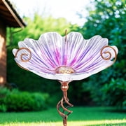 Bird Baths,Glass Birdbath with Metal Stand Purple Flower Birdbath Attracting Birds Suit for Garden Lawn Yard Decor