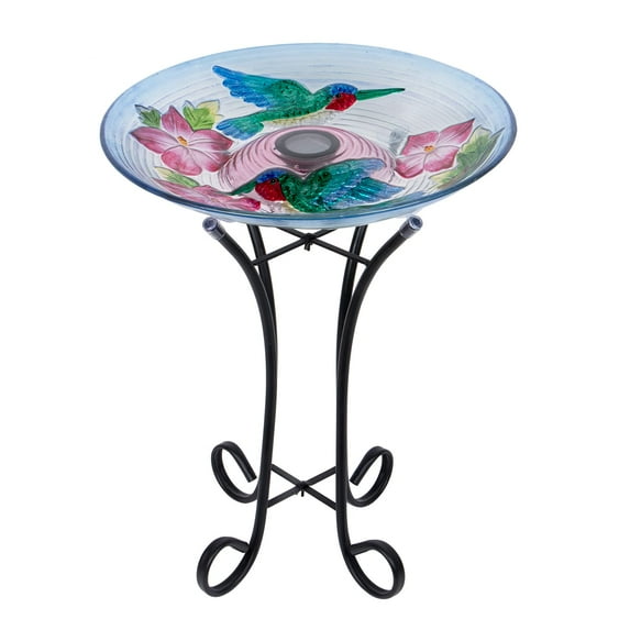 Bird Baths for Outdoors-Outdoor Glass Birdbath - Solar Bird Bath Hummingbird and Flower Shine in The Night with Metal Stand for Garden Lawn Yard Decor