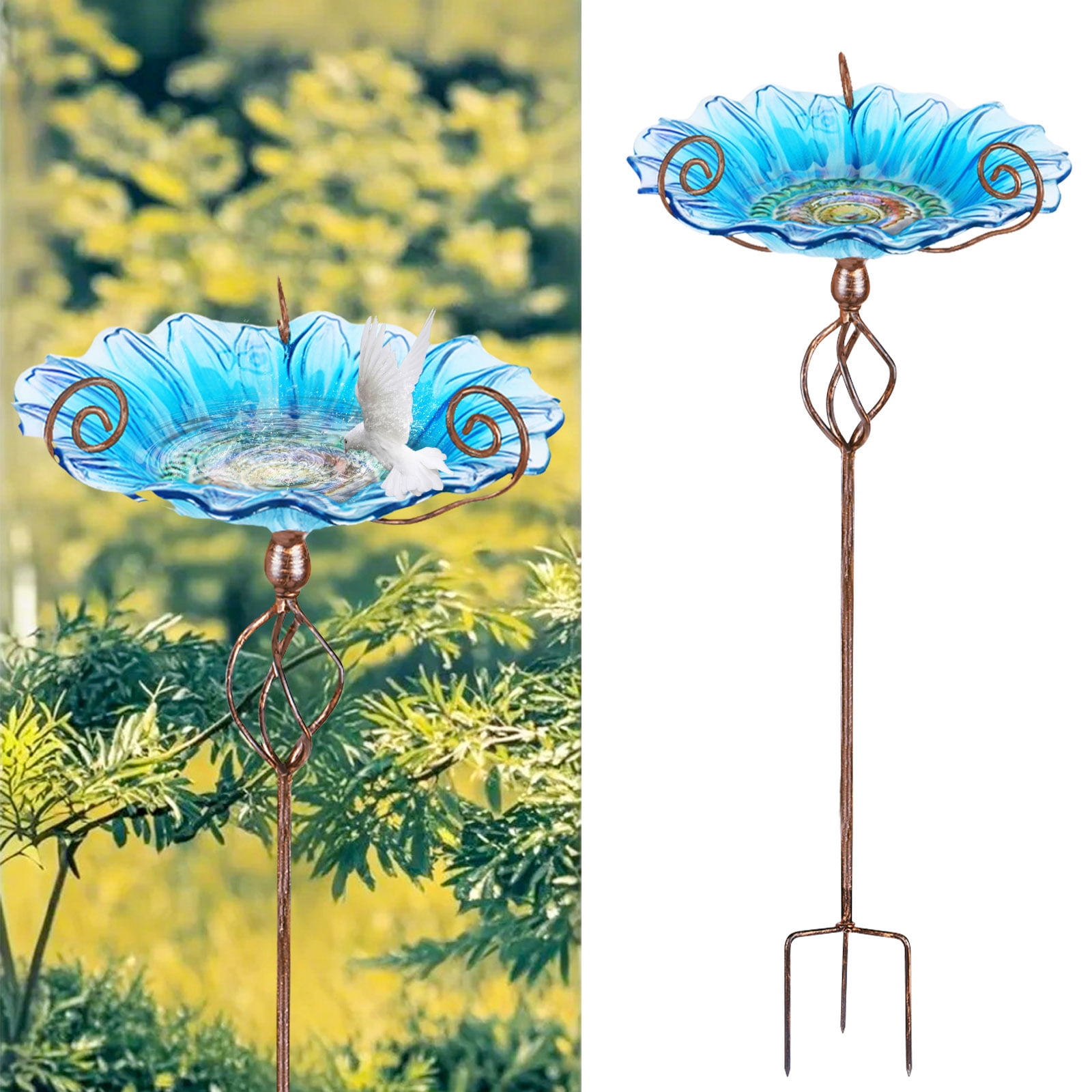 Bird Baths - Outdoors Sunflower Glass Birdbaths Outdoor Garden Birdfeeder with Metal Stake Bowl with Stake for Garden Yard Decor Blue