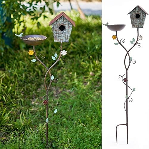 Bird Baths and BirdHouses with Pole, Distressed Metal Bird Bath Bowl and Birdhouse Stake for Outdoor Garden Yard Decoration (Bird Baths/BirdHouses-B)