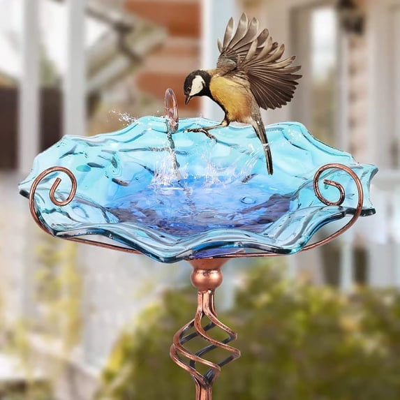 Bird Baths for Outdoors, Glass Bird Bath Bowl with Metal Birdbaths for The Garden Outside, Blue, 31 Inch Height