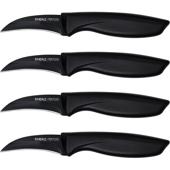 Bird Beak Paring Knife Set (4-piece), stainless steel construction, ultra-sharp blades, sturdy plastic handles, suitable for peeling and carving, (Black)