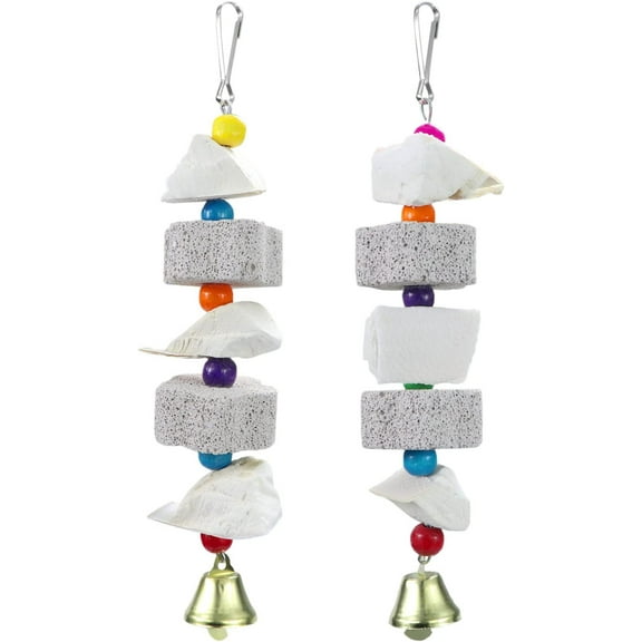 Bird Beak Trim Cuttlebone Calcium Stone Lava Block Chew Toy Grinding Teeth Natural Minerals with Bell for Parakeet Conure Lovebird Cockatiel Finch Canary Hamster Chinchilla Rabbit 2 Pack