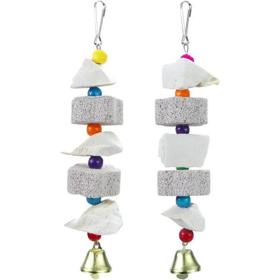 Bird Beak Trim Cuttlebone Calcium Stone Lava Block Chew Toy Grinding Teeth Natural Minerals with Bell for Parakeet Conure Lovebird Cockatiel Finch Canary Hamster Chinchilla Rabbit 2 Pack