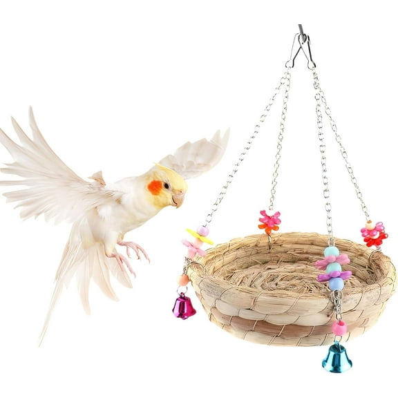 Natural Handmade Woven Straw Hangable Swing Parakeet & Parrot Toy Nest & Swing with Bells