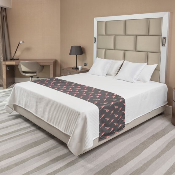 Bird Bed Runner, Repetitive Crested Fly Friend Simple Cartoon Illustration Flying Animal, Decorative Bedding Scarf for Hotels Homes and Guestrooms, Queen, Peach Dried Rose and Grey, by Ambesonne