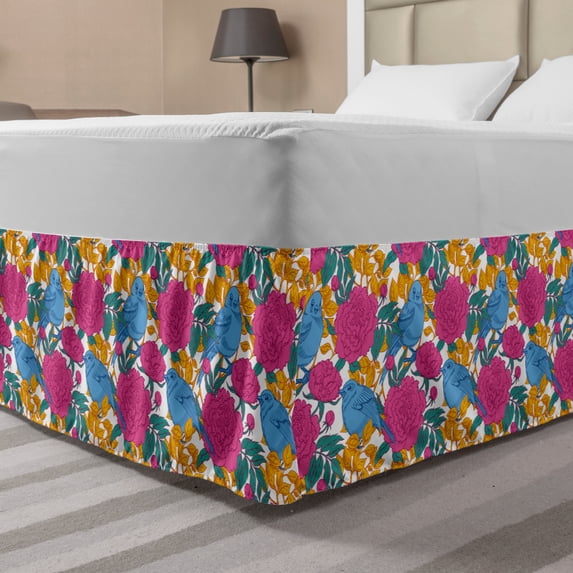 Bird Bed Skirt, Spring Peony Blossoms Leaves Print in Vibrant Colors, Elastic Bedskirt Dust Ruffle Wrap Around for Bedding Decor, 4 Sizes, Multicolor, by Ambesonne