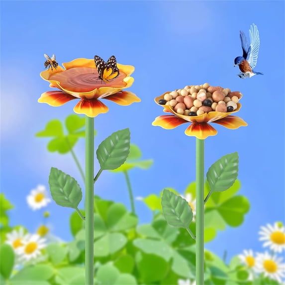 Bird & Bee Watering Station,Bird Bath for Outside,Butterfly Drinking Station with Flower Design for Garden,Metal Flying Insects Feeder Baths for Outdoor Garden Yard Decor,25Inch Yellow