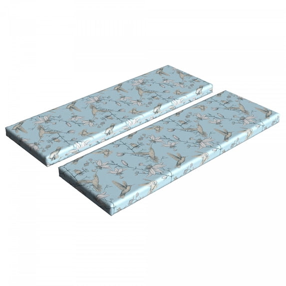 Bird Bench Cushion Set of 2, Composition of Flowers and Hummingbirds in Vintage Design Nature Scene, Standard Size Foam Pad and Decorative Cover, Pale Blue and Grey Yellow, by Ambesonne