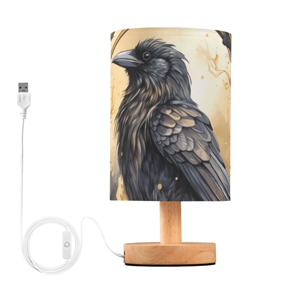 Bird Black Table Lamp USB Bedside Desk Nightstand Lamp Printed Gifts Small Lamp Wood Base for Bedroom Living Room Kids Room College Dorm