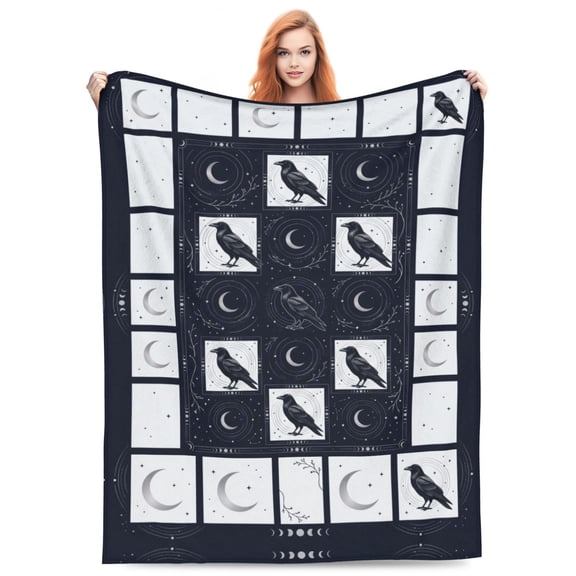 Bird Blanket Halloween Black Gothic Throw Blanket, Ultra Soft Retro Hummingbird Raven Crow Design, Cozy Flannel Fuzzy Plush Blanket for Sofa Bed Cover, Bird Lover Gift 50x40