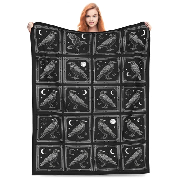 Bird Blanket Halloween Black Gothic Throw Blanket, Ultra Soft Retro Hummingbird Raven Crow Design, Cozy Flannel Fuzzy Plush Blanket for Sofa Bed Cover, Bird Lover Gift 50x40